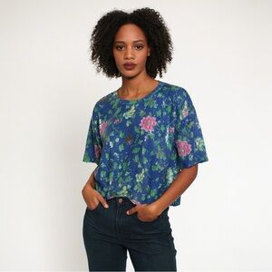 Zara Trafaluc Sequin Floral Top – Blue Multicolor Short Sleeve M